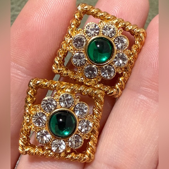 Vintage Tara Red / Retro Macaron Green Gold Tone Rhinestone Post Back Earrings - Picture 6 of 9